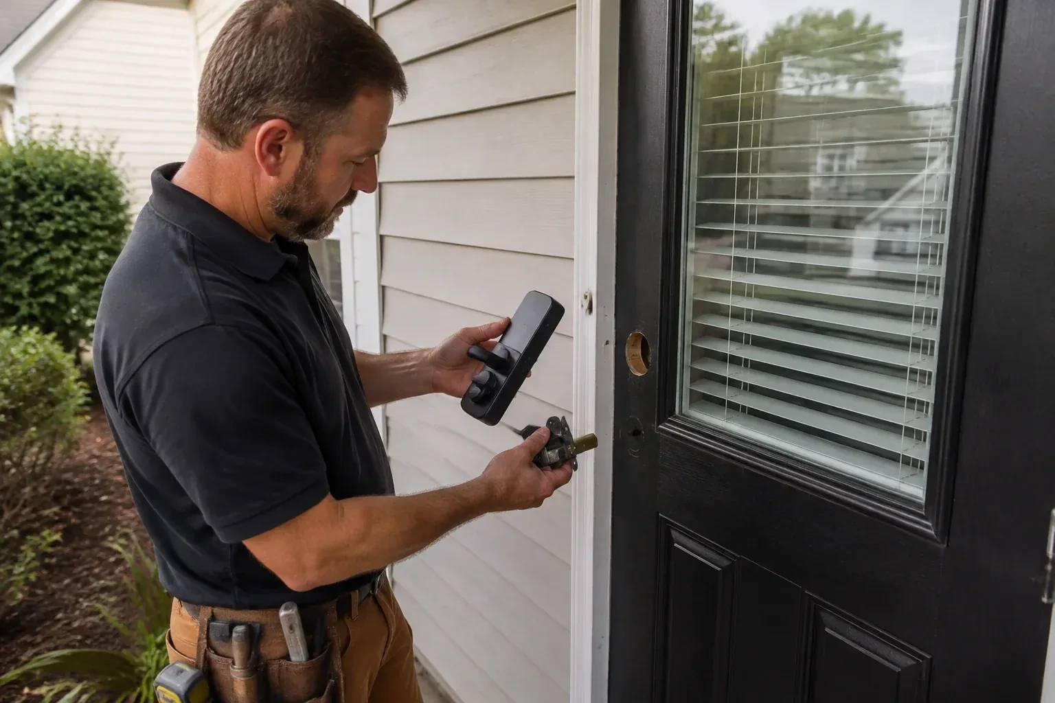 Person holding a black door-handle assembly and a latch beside a glazed door with exposed lock openings. — Smart Lock Installation, Caledon