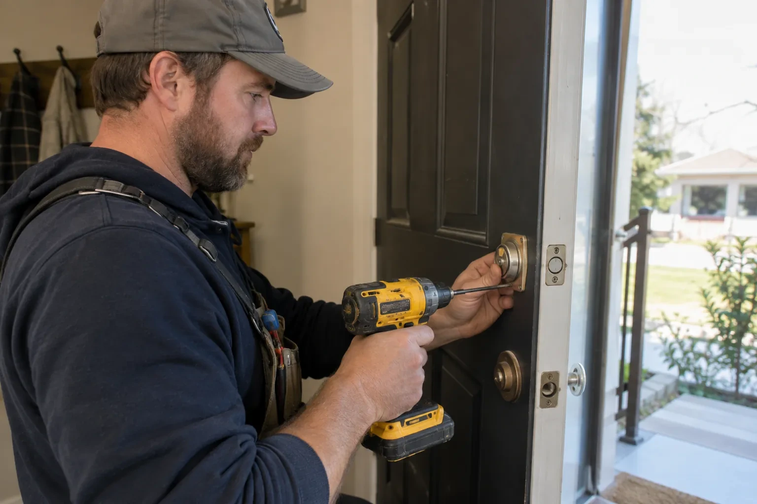 Technician with a yellow cordless drill and thin screwdriver bit fastening a brass-colored lock plate on a dark paneled front door. — Bolton