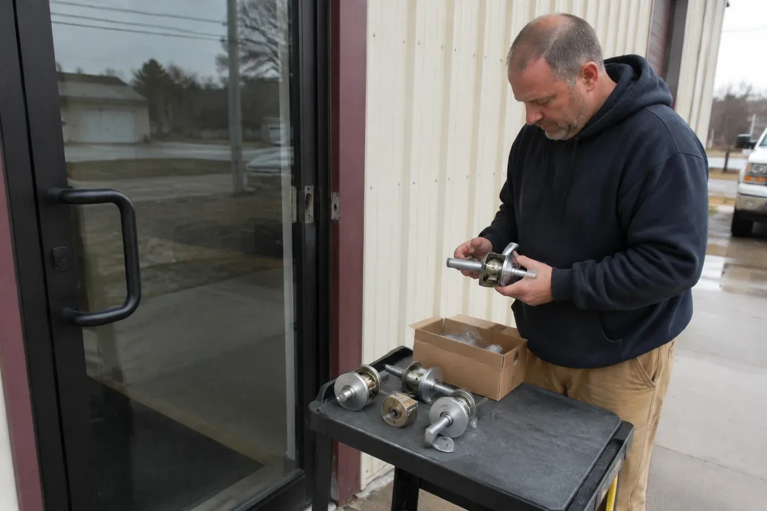 Person holding a door-handle assembly beside a glazed entrance, with more handle and lock components on a cart. — Commercial-Grade Lock Replacement, Caledon