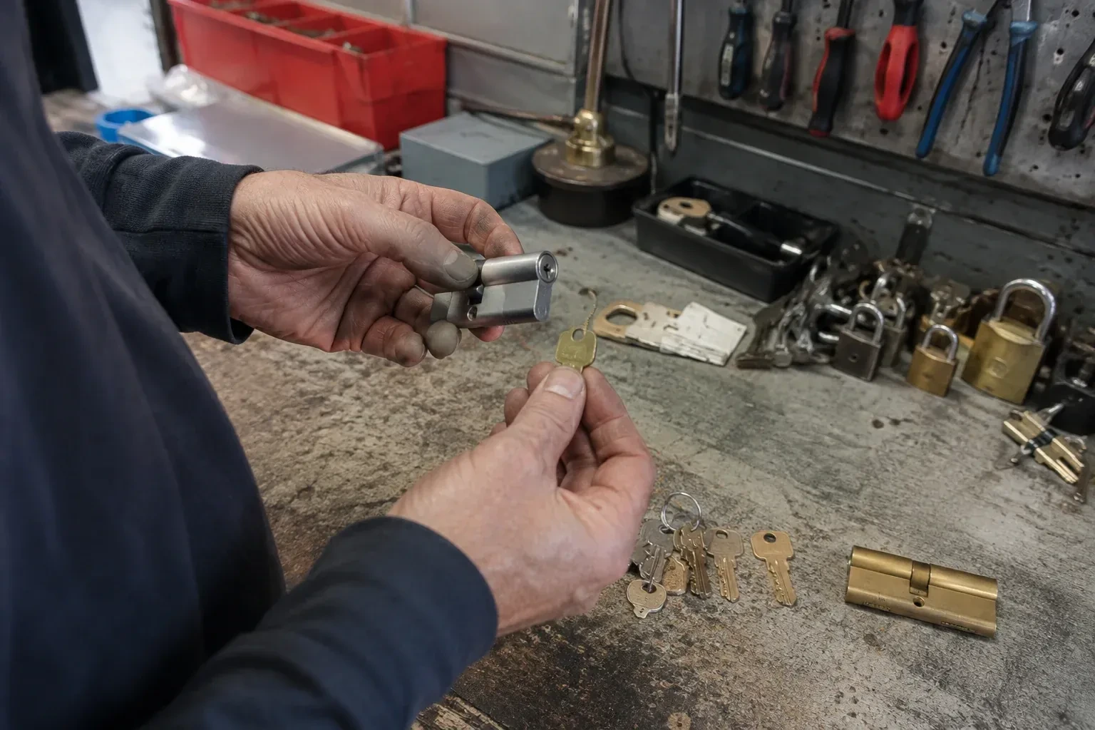 Hands holding a silver-colored lock cylinder and a brass-colored key above a workbench with padlocks, keys and tools. — Master Key System Design, Caledon