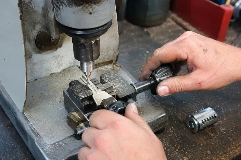Hands operating a bench-mounted machine with a key clamped beneath a vertical cutter and a loose lock cylinder nearby. — Car Key Replacement, Caledon