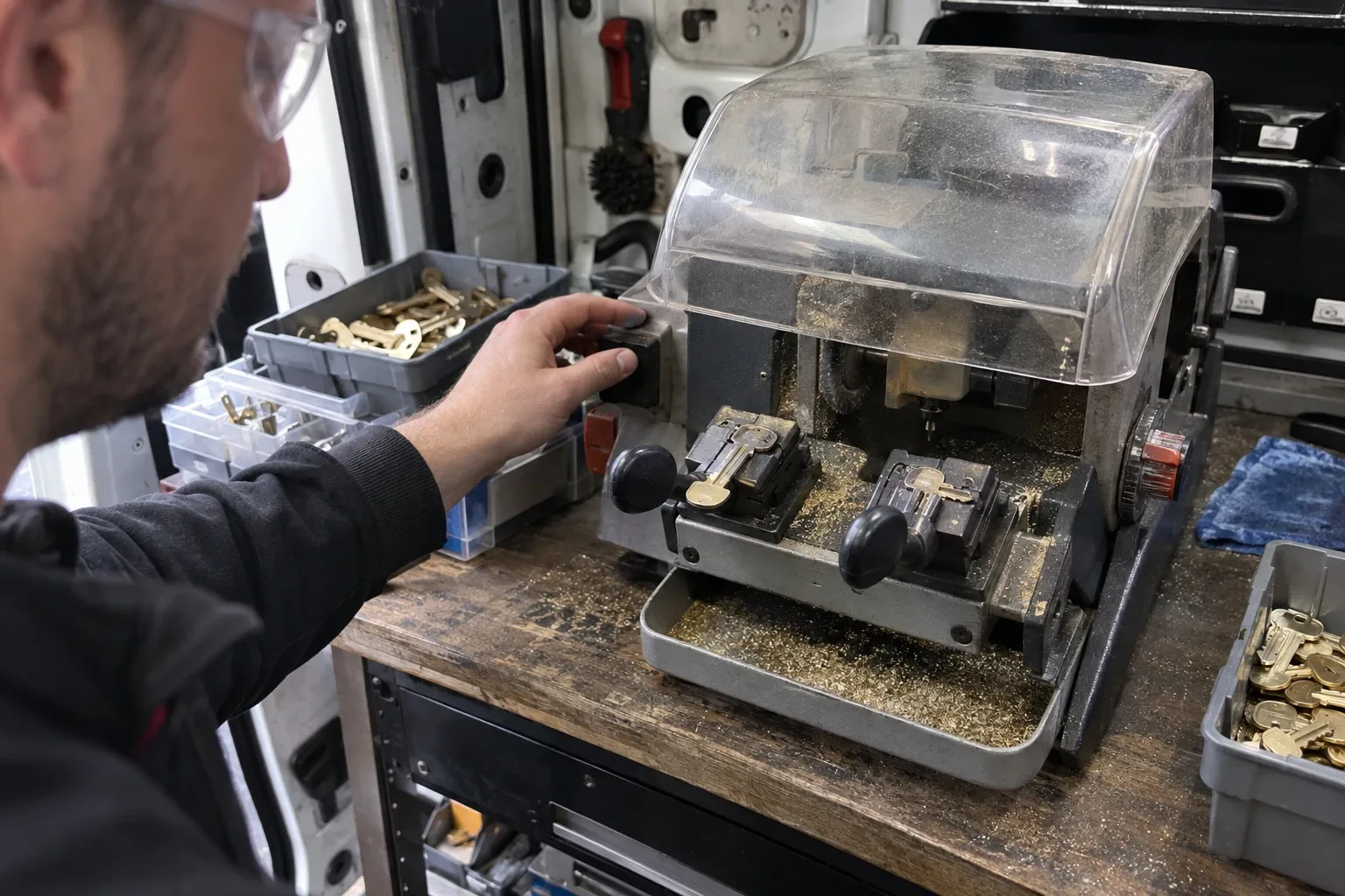 Person in safety glasses reaching for a key-cutting machine with a clear cover, beside trays of brass key blanks. — Spare Car Key Duplication, Caledon