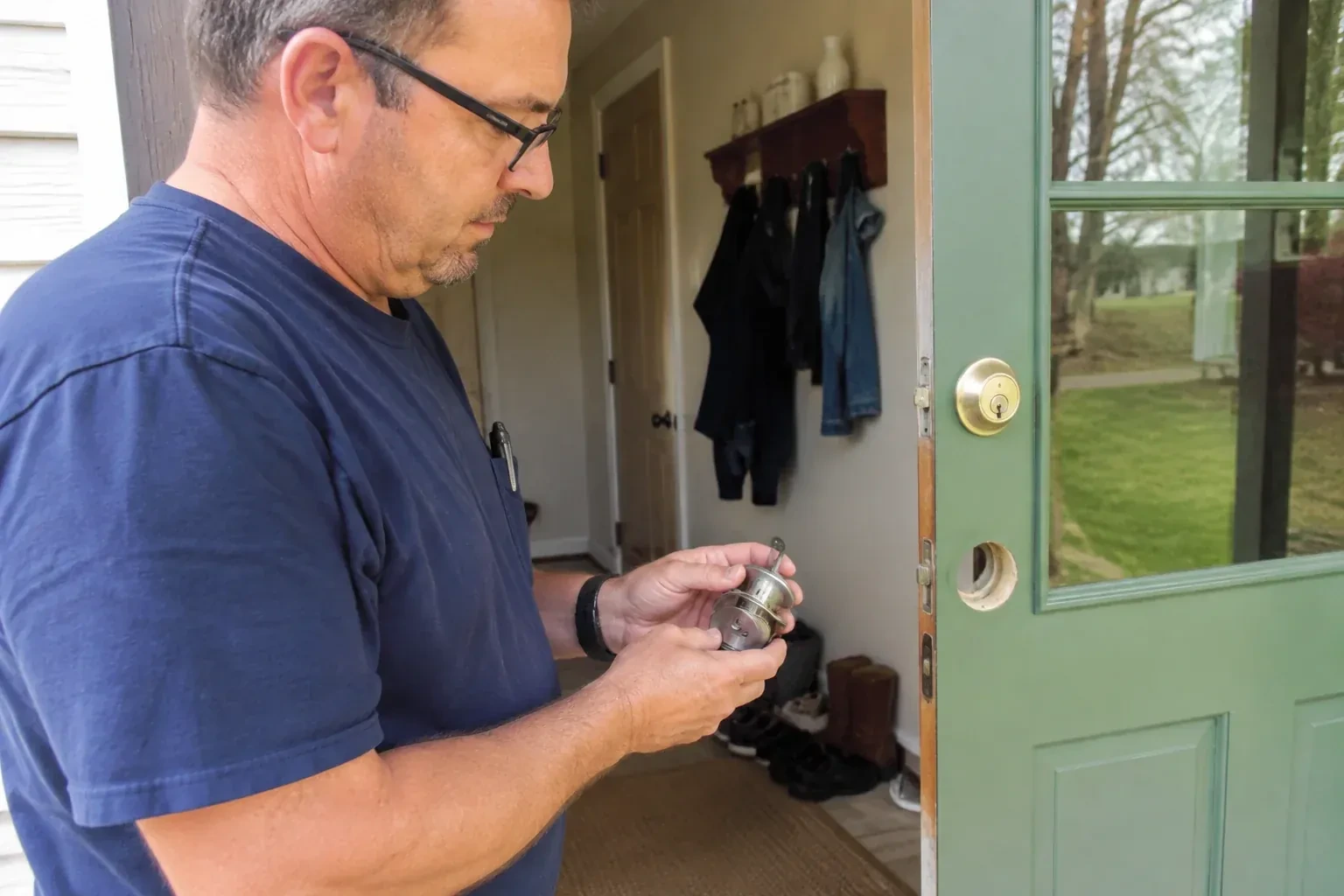 Person holding a cylindrical door-lock assembly beside an open green glazed door with its lower lock opening exposed. — Seized & Jammed Lock Opening, Caledon