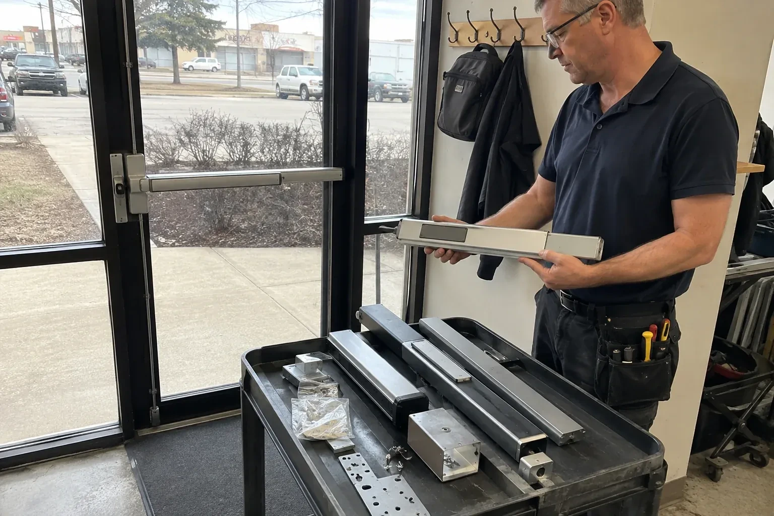 Person holding a long metal door-hardware assembly beside a cart of similar parts and a glass door fitted with a push bar. — Panic & Exit Hardware, Caledon