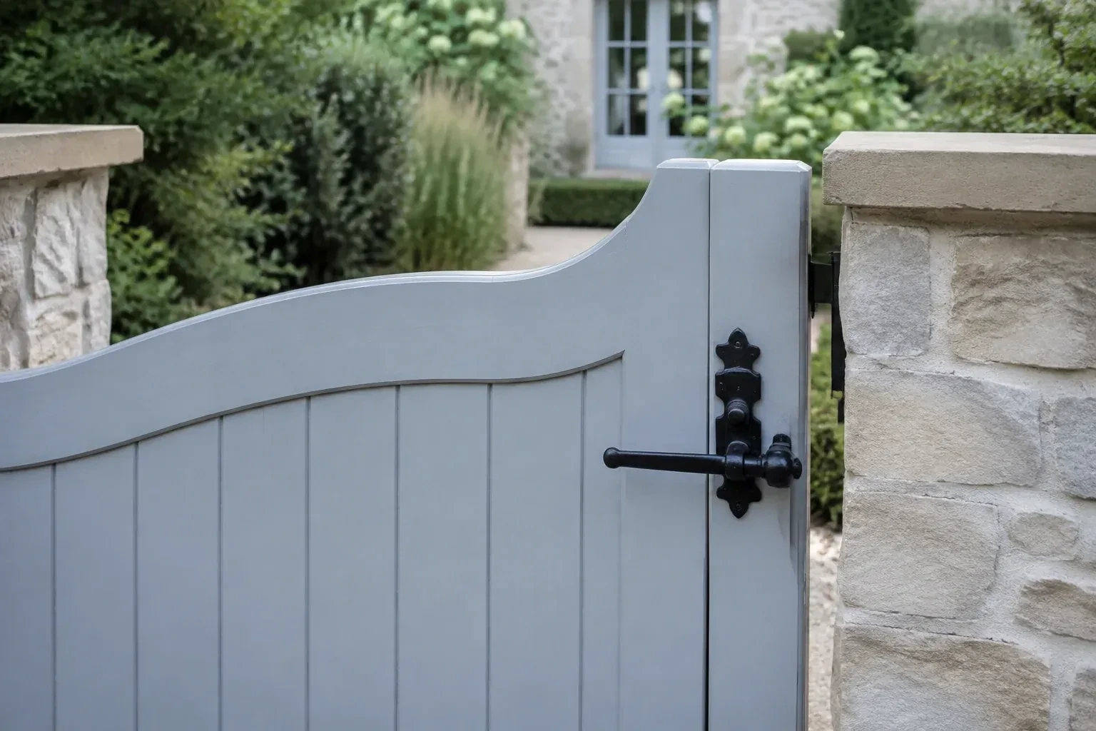 Pale blue garden gate with a black lever latch between light stone pillars. — Gate & Building Entry Locks, Caledon