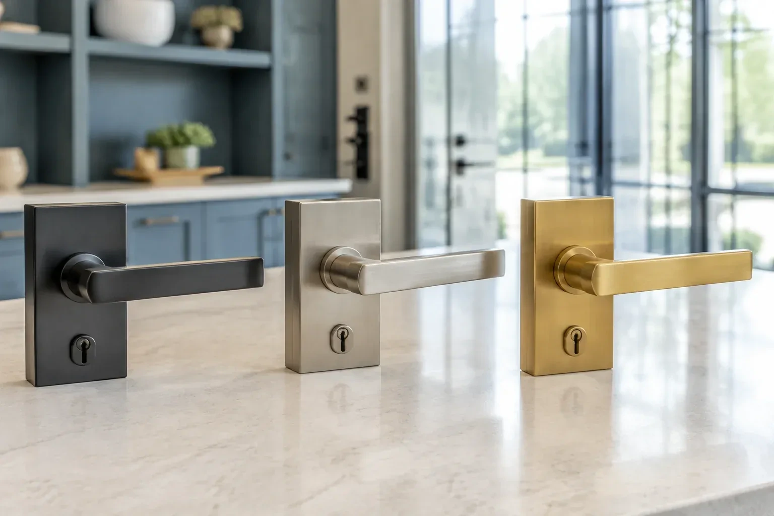 Three rectangular door-handle sets with keyholes in black, silver-colored and gold-colored finishes standing on a countertop. — Commercial Rekeying, Caledon