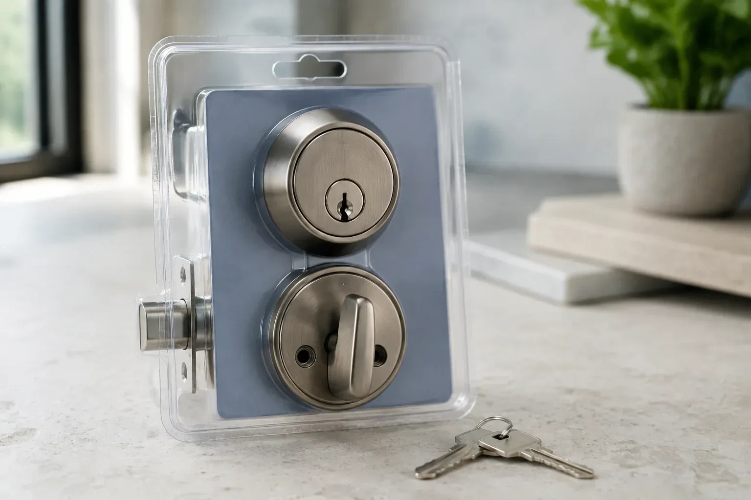 A silver-colored deadbolt set in clear packaging with two keys resting on the countertop in front. — Lock Rekeying, Caledon