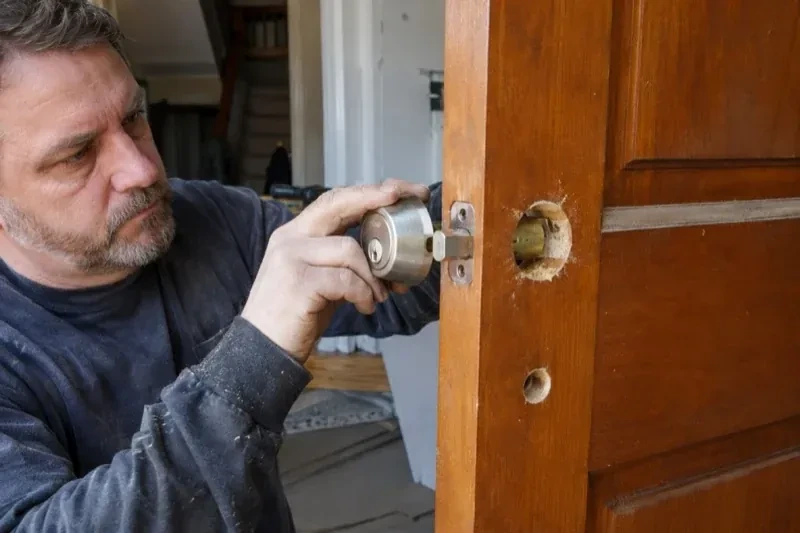 Person holding a silver-colored lock beside an open wooden door with exposed circular holes and a latch at its edge. — Deadbolt Installation, Caledon