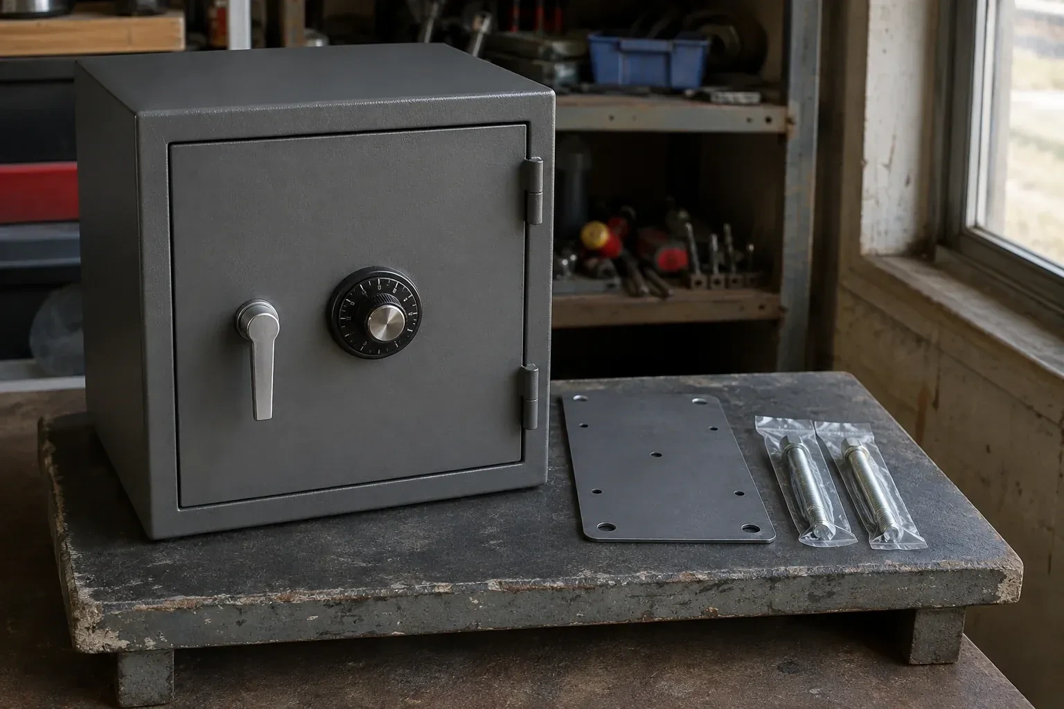Closed small safe beside a metal plate and packaged fasteners on a workshop bench. — Safe Installation & Servicing, Caledon