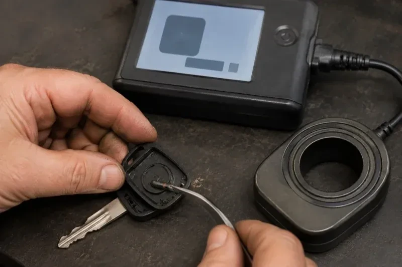 Hands using tweezers at an opened car-key head beside a small electronic unit and a ring-shaped accessory. — Transponder Key Programming, Caledon