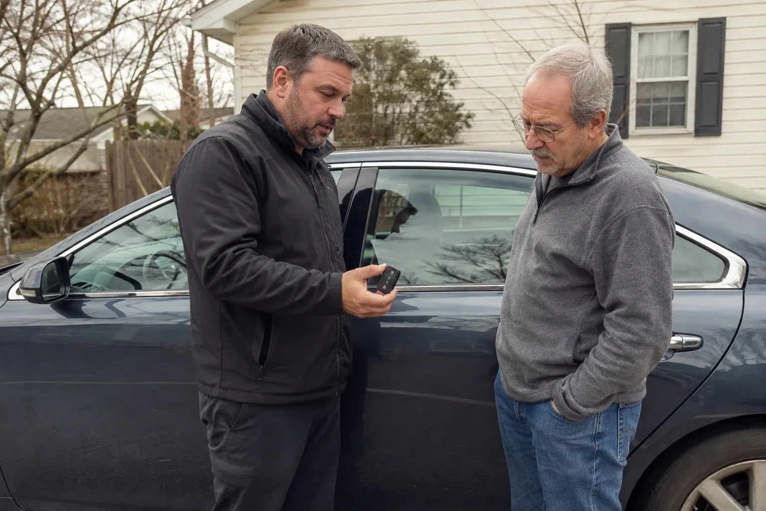 Two people beside a dark sedan, one holding up a black key fob. — Car Lockout Service, Caledon