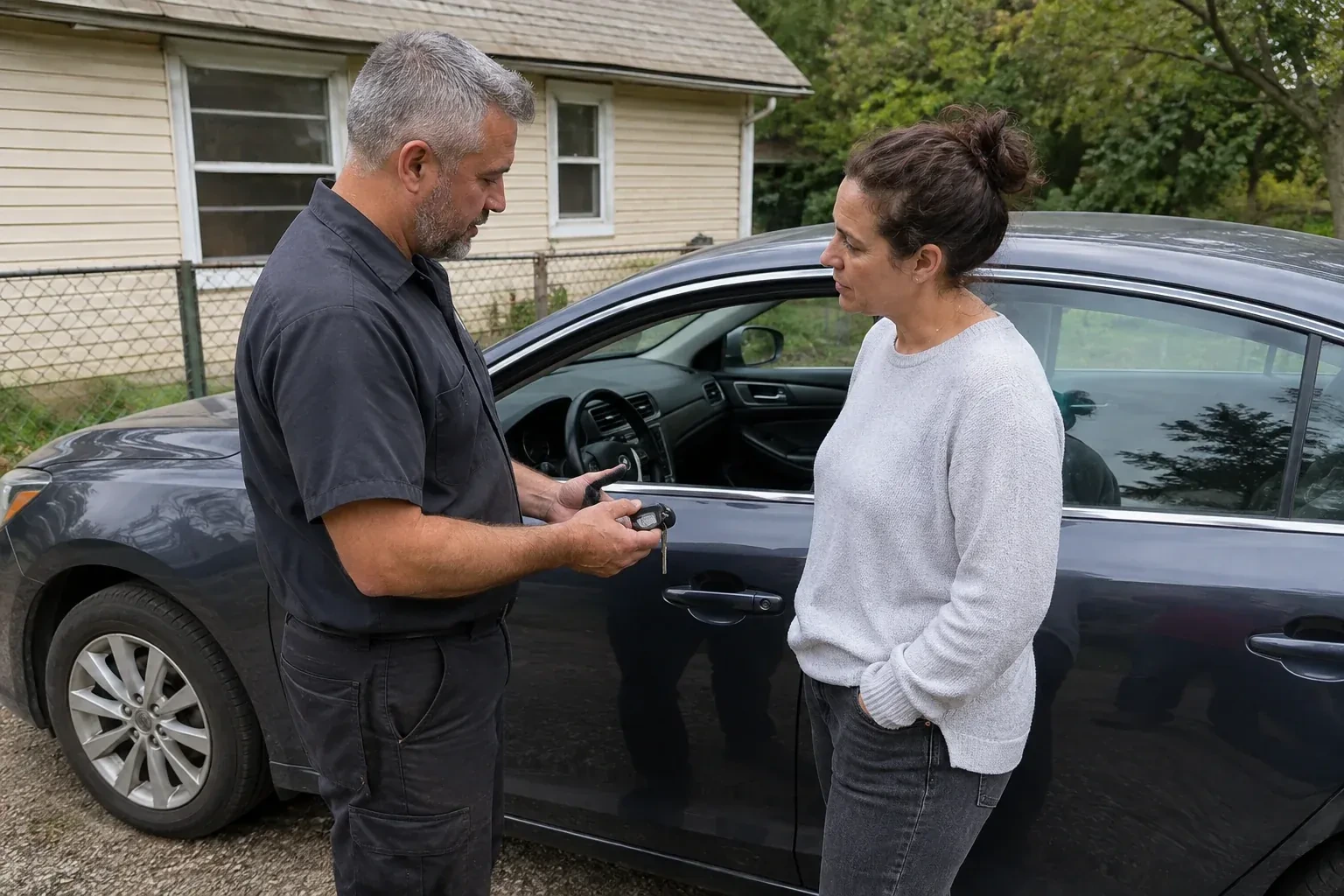 Two people standing beside a car with its window lowered, one holding a key and black key fob. — Ignition Lock Repair, Caledon