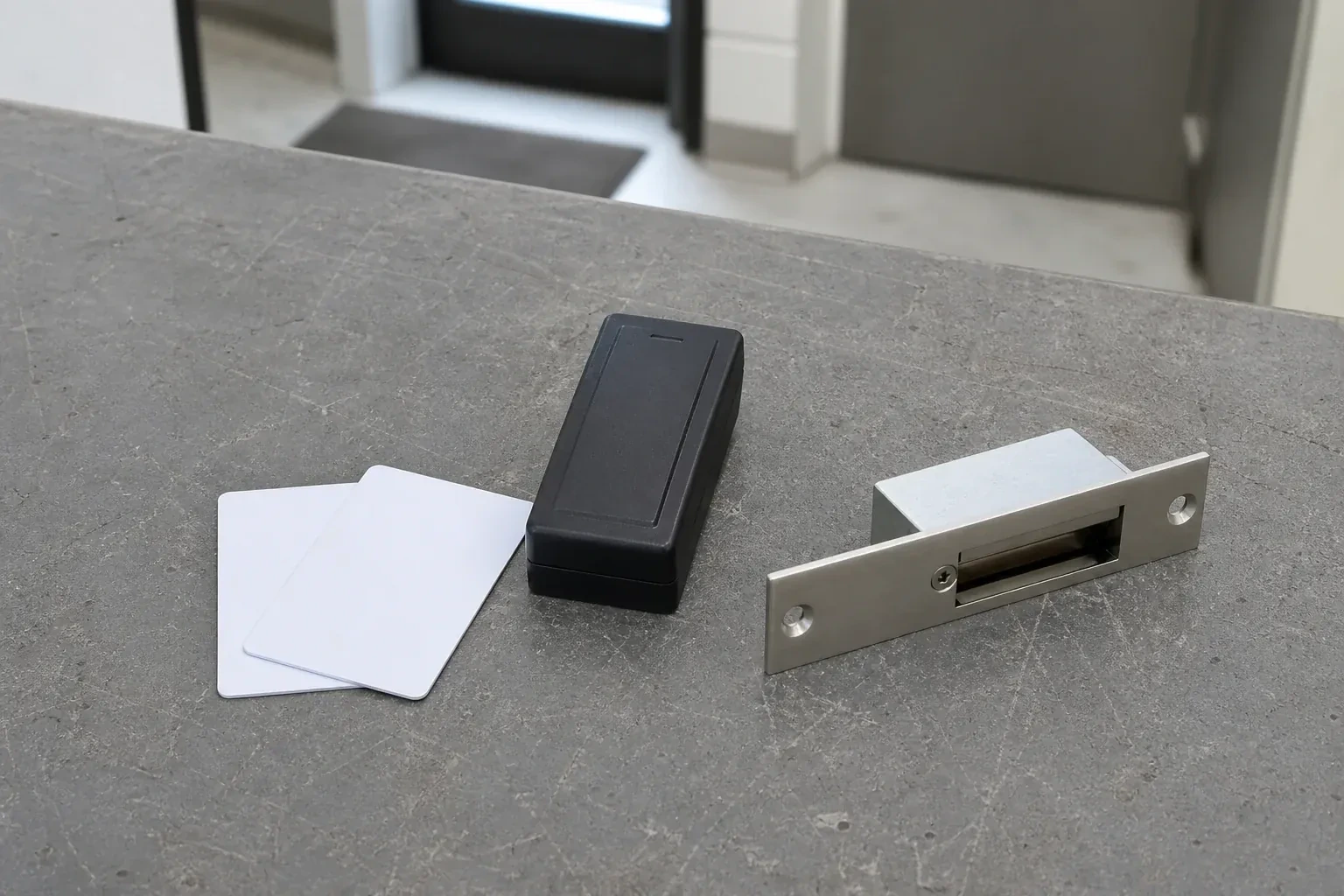 Detached card reader, two plain cards and an electric-strike component on a service bench. — Access Control Installation, Caledon