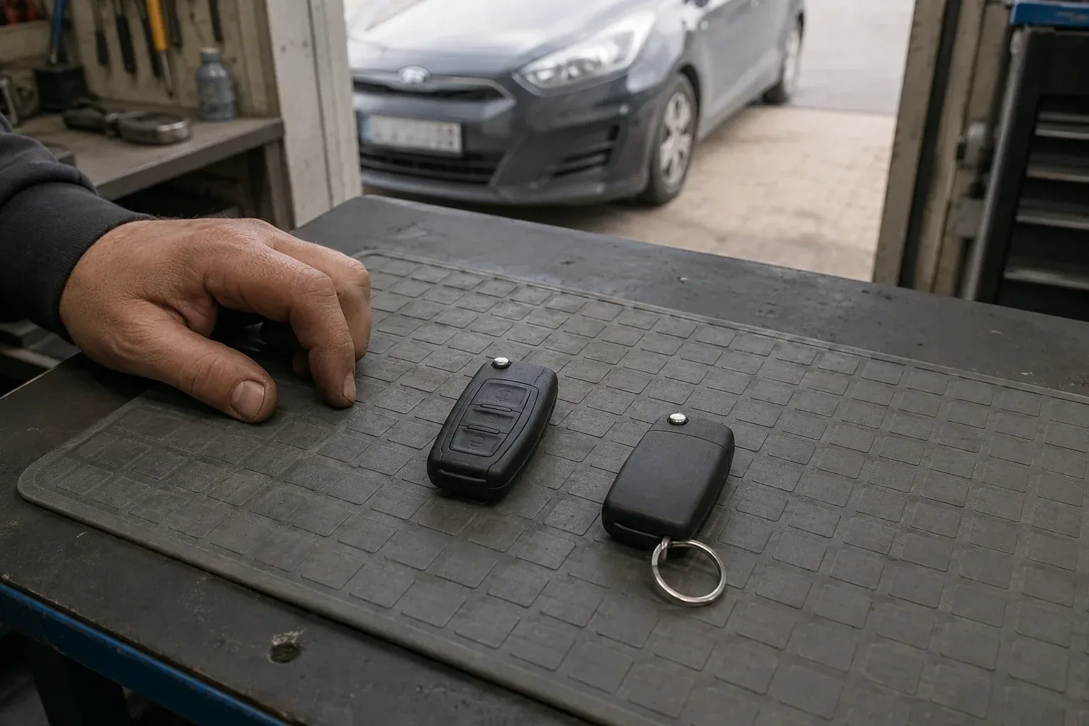 Two vehicle remote fobs on a work mat beside a technician’s hand, with a parked car beyond. — Key Fob Programming, Caledon