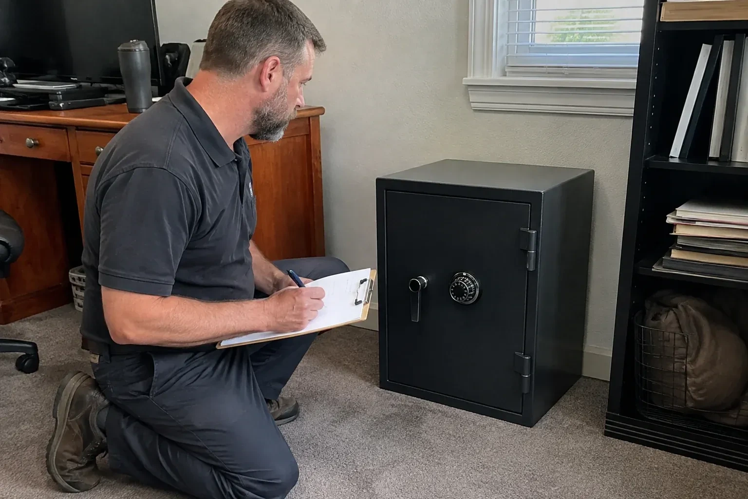 Person writing on a clipboard while kneeling beside a closed black safe with a numbered combination dial in a home office. — Safe Opening & Combination Change, Caledon